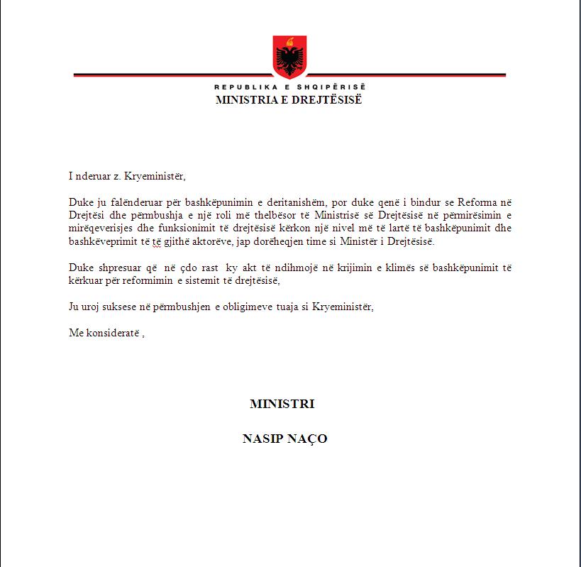 Zbulohet letra që ministri Naço i dorëzoi Ramës për dorëheqjen Zbulohet letra që ministri Naço i dorëzoi Ramës për dorëheqjen
